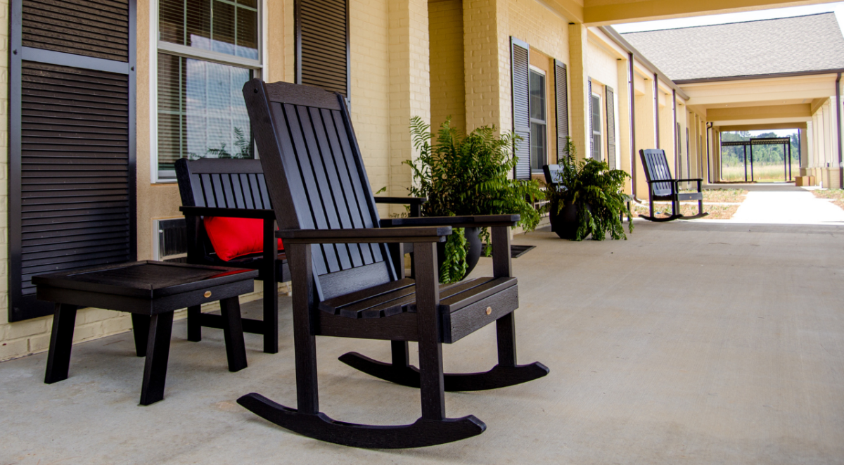 Rocking chairs outside assisted living facility